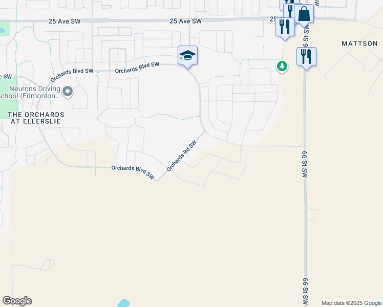 map of restaurants, bars, coffee shops, grocery stores, and more near 2733 Orchards Road Southwest in Edmonton