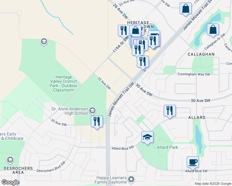map of restaurants, bars, coffee shops, grocery stores, and more near 3211 James Mowatt Trail Southwest in Edmonton