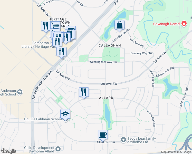map of restaurants, bars, coffee shops, grocery stores, and more near 2413 Casselman Crescent Southwest in Edmonton