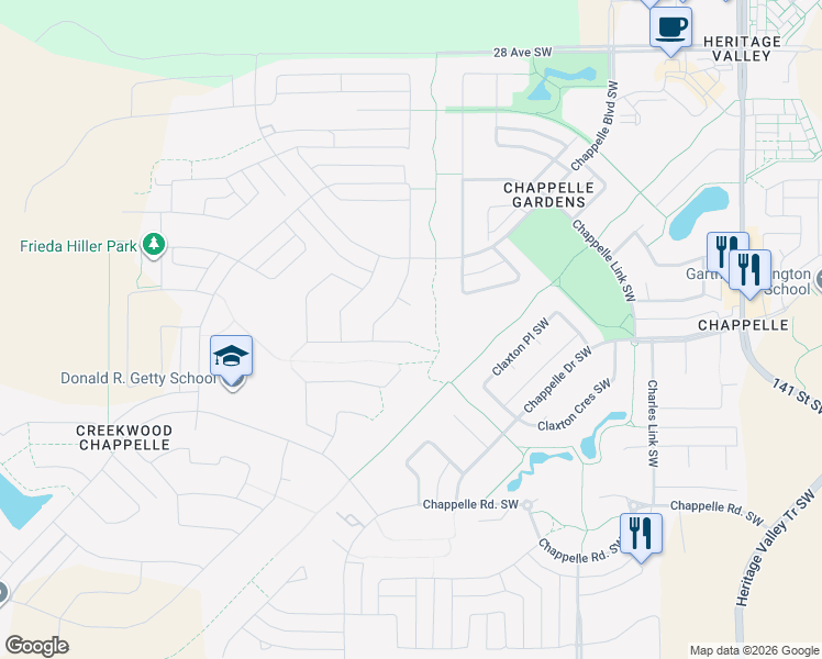 map of restaurants, bars, coffee shops, grocery stores, and more near 2126 Cassidy Wynd Southwest in Edmonton