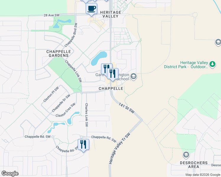 map of restaurants, bars, coffee shops, grocery stores, and more near 904 141 Street Southwest in Edmonton