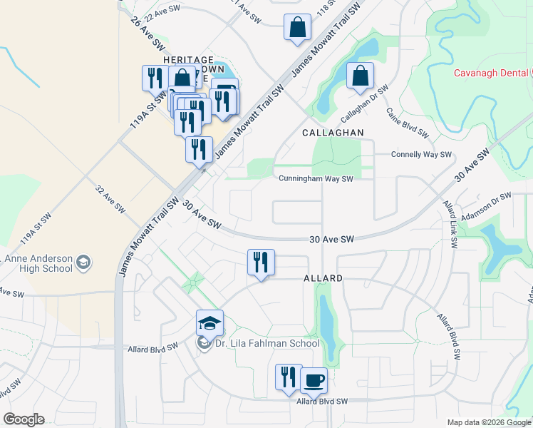 map of restaurants, bars, coffee shops, grocery stores, and more near 2374 Casselman Crescent Southwest in Edmonton
