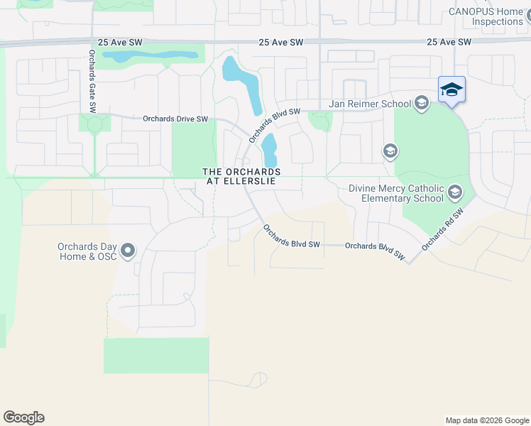 map of restaurants, bars, coffee shops, grocery stores, and more near 650 Orchards Boulevard Southwest in Edmonton