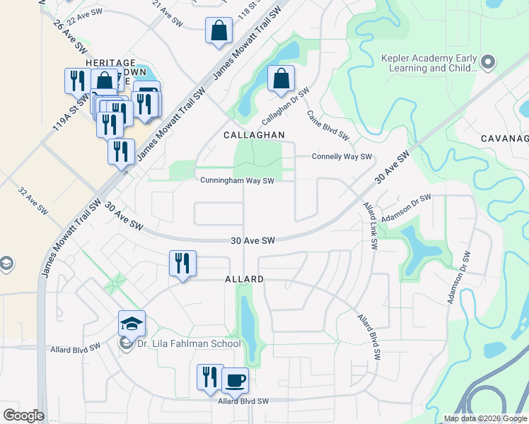 map of restaurants, bars, coffee shops, grocery stores, and more near 2125 Casselman Link Southwest in Edmonton