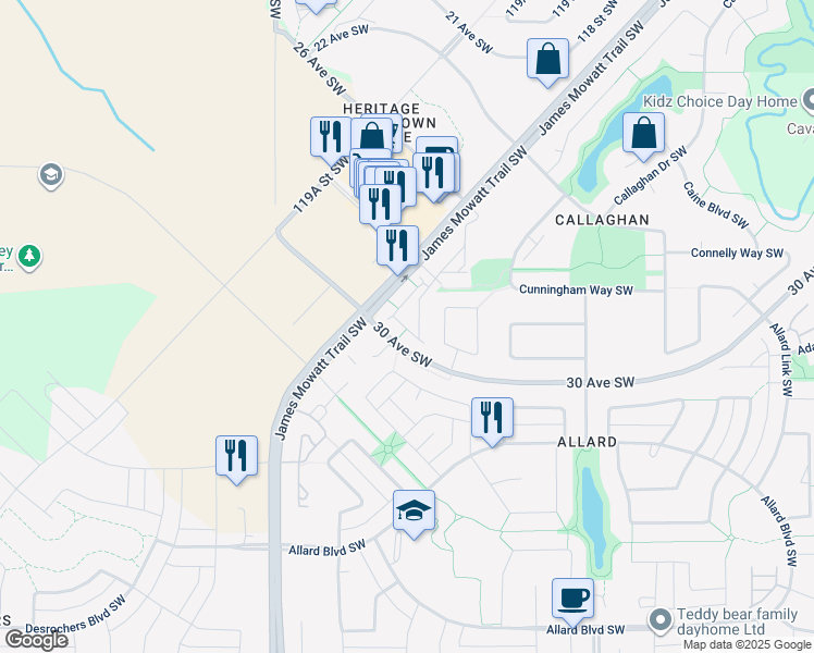 map of restaurants, bars, coffee shops, grocery stores, and more near 2803 James Mowatt Trail Southwest in Edmonton