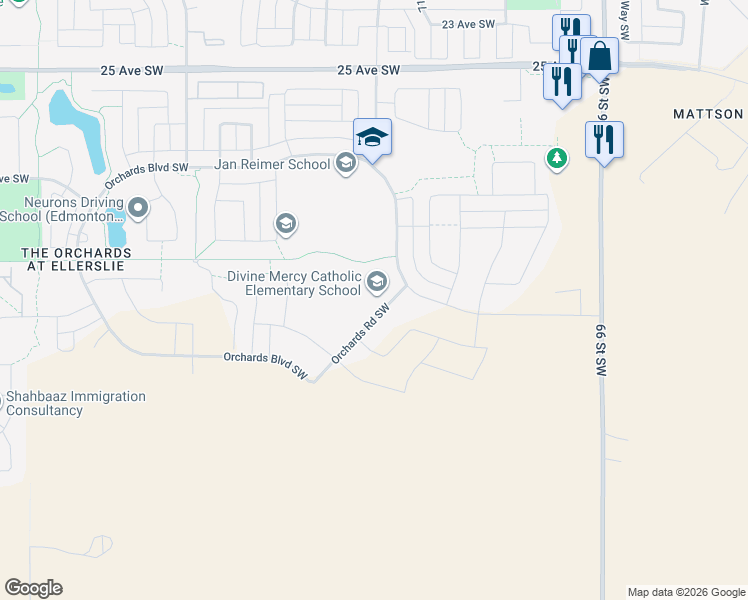 map of restaurants, bars, coffee shops, grocery stores, and more near 2720 Orchards Road Southwest in Edmonton