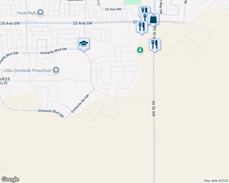 map of restaurants, bars, coffee shops, grocery stores, and more near 325 Orchards Boulevard in Edmonton