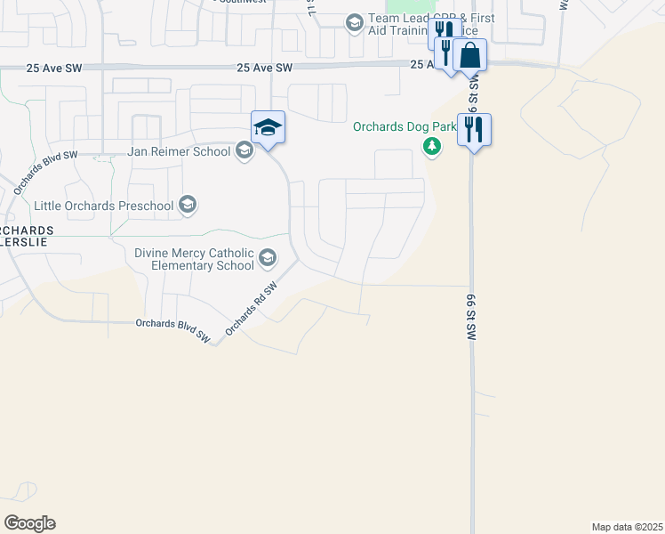 map of restaurants, bars, coffee shops, grocery stores, and more near 325 Orchards Boulevard in Edmonton