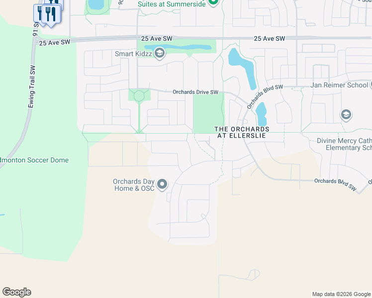 map of restaurants, bars, coffee shops, grocery stores, and more near 3208 91 Street Southwest in Edmonton