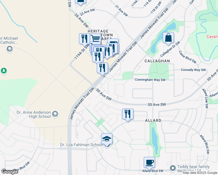 map of restaurants, bars, coffee shops, grocery stores, and more near 2803 James Mowatt Trail Southwest in Edmonton