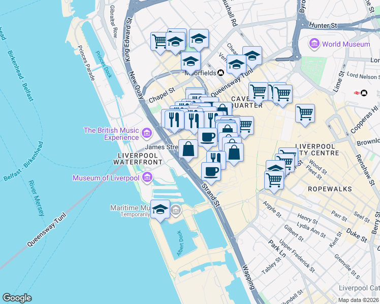 map of restaurants, bars, coffee shops, grocery stores, and more near 19 James Street in Merseyside