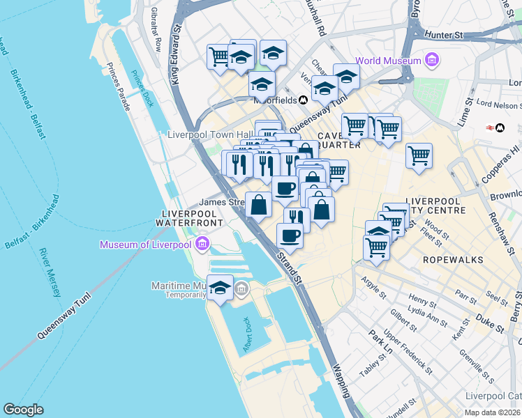 map of restaurants, bars, coffee shops, grocery stores, and more near 19 James Street in Merseyside