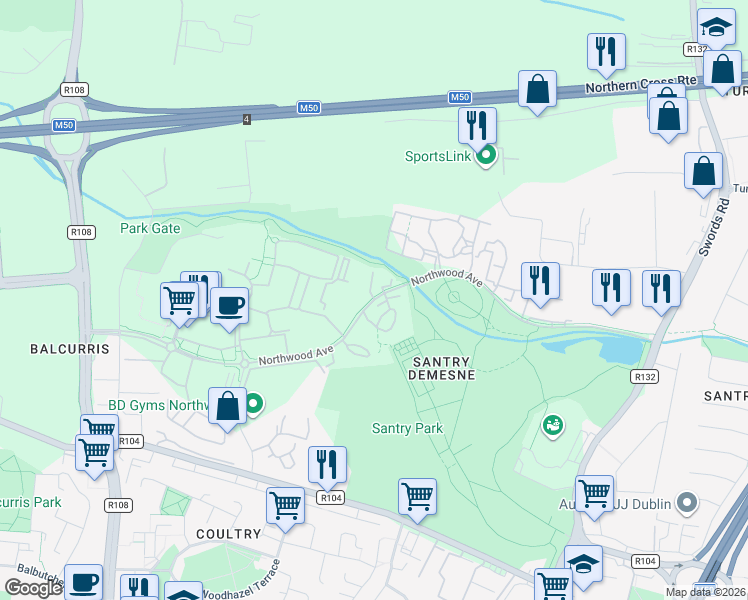 map of restaurants, bars, coffee shops, grocery stores, and more near Northwood Avenue in Dublin