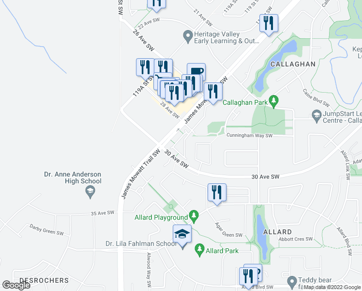 map of restaurants, bars, coffee shops, grocery stores, and more near 2803 James Mowatt Trail Southwest in Edmonton