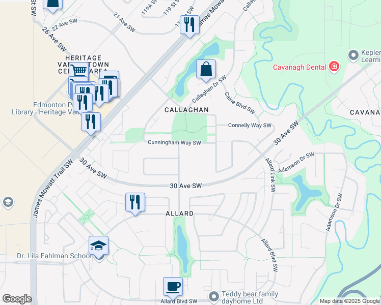 map of restaurants, bars, coffee shops, grocery stores, and more near 1623 Cunningham Way Southwest in Edmonton