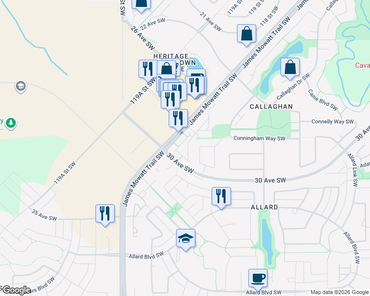 map of restaurants, bars, coffee shops, grocery stores, and more near 2803 James Mowatt Trail Southwest in Edmonton