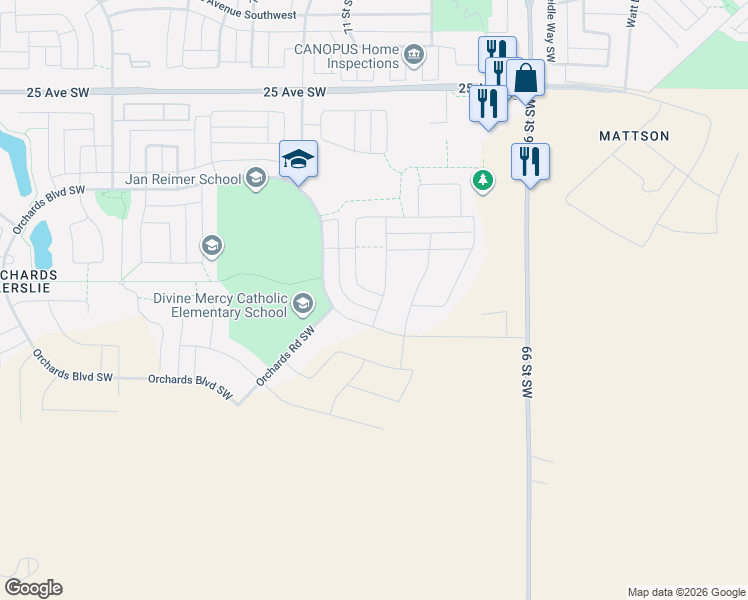 map of restaurants, bars, coffee shops, grocery stores, and more near 325 Orchards Boulevard in Edmonton
