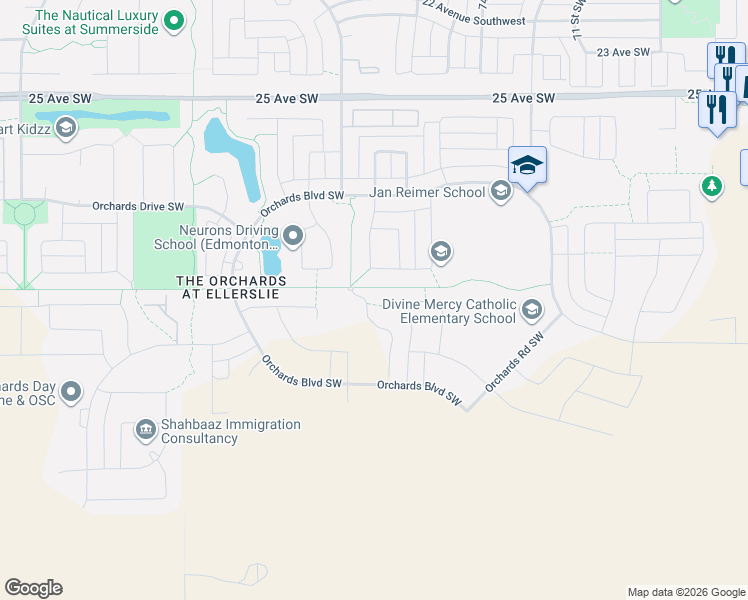 map of restaurants, bars, coffee shops, grocery stores, and more near 3111 91 Street Southwest in Edmonton