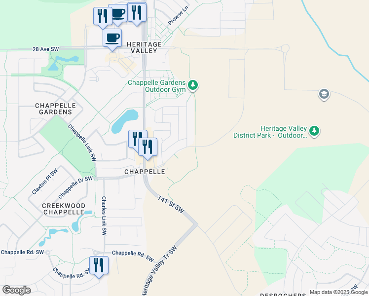 map of restaurants, bars, coffee shops, grocery stores, and more near 351 Chappelle Drive Southwest in Edmonton