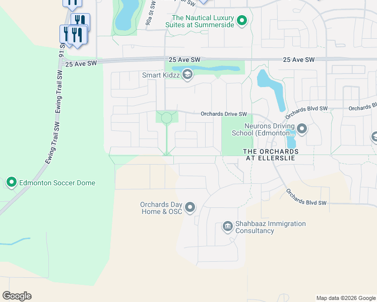 map of restaurants, bars, coffee shops, grocery stores, and more near 4687 Crabapple Run Southwest in Edmonton