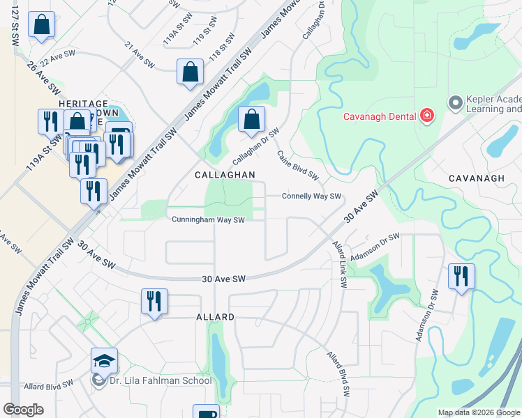 map of restaurants, bars, coffee shops, grocery stores, and more near 1355 Cunningham Drive Southwest in Edmonton