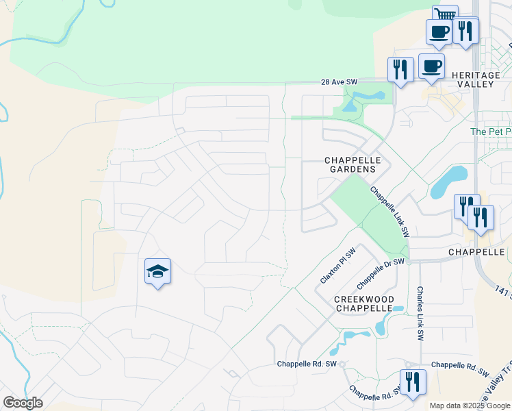 map of restaurants, bars, coffee shops, grocery stores, and more near 1210 Chappelle Boulevard Southwest in Edmonton