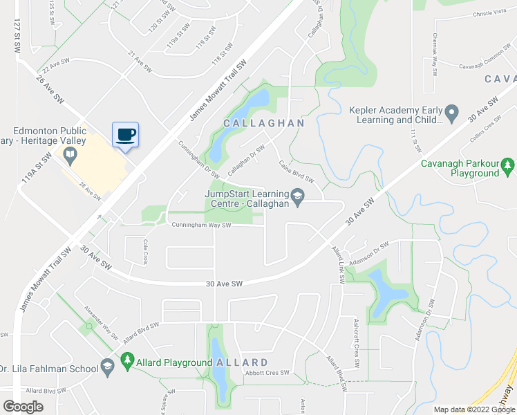 map of restaurants, bars, coffee shops, grocery stores, and more near 1355 Cunningham Drive Southwest in Edmonton