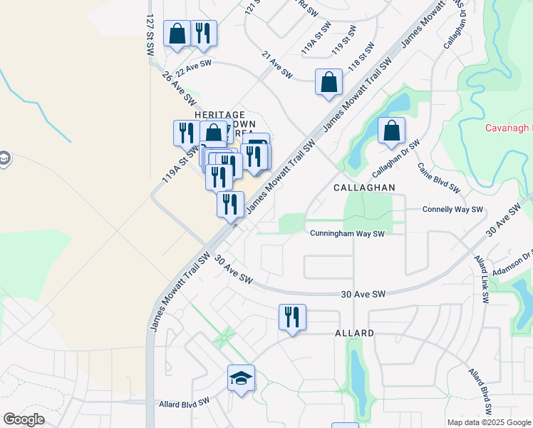 map of restaurants, bars, coffee shops, grocery stores, and more near 2603 James Mowatt Trail Southwest in Edmonton