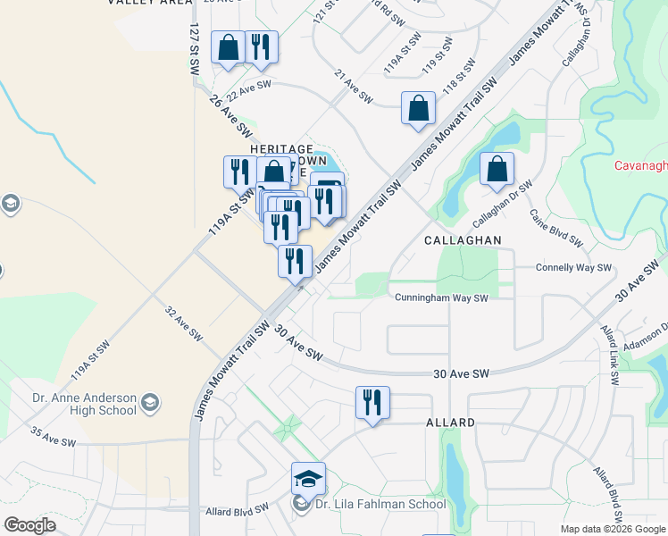 map of restaurants, bars, coffee shops, grocery stores, and more near 2711 James Mowatt Trail Southwest in Edmonton