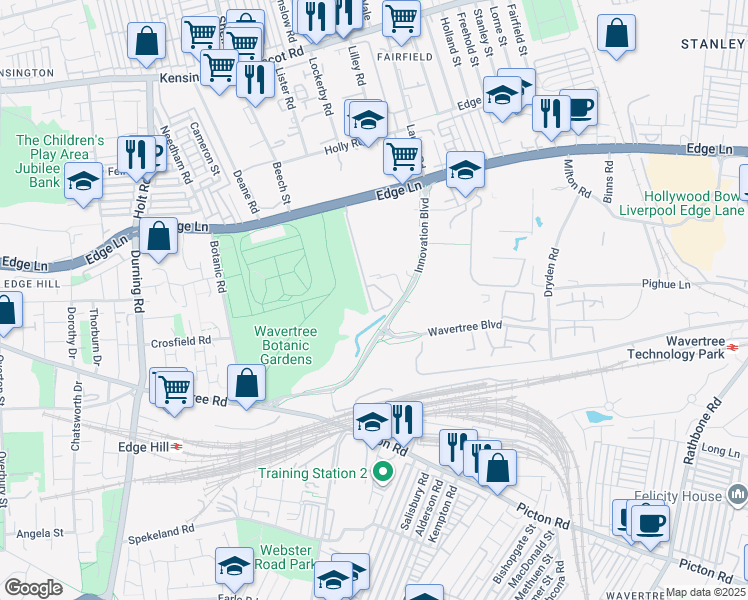 map of restaurants, bars, coffee shops, grocery stores, and more near Edge Lane in Merseyside