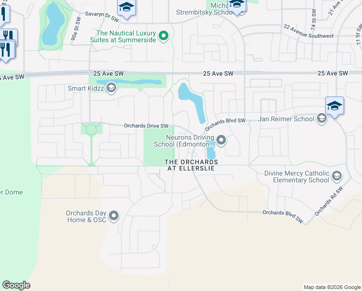 map of restaurants, bars, coffee shops, grocery stores, and more near 4029 Orchards Drive Southwest in Edmonton