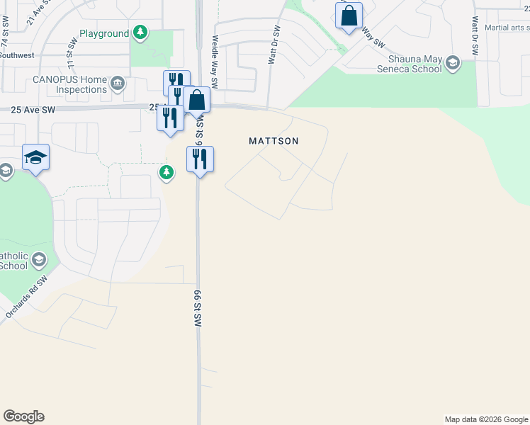 map of restaurants, bars, coffee shops, grocery stores, and more near 2875 66 Street Southwest in Edmonton