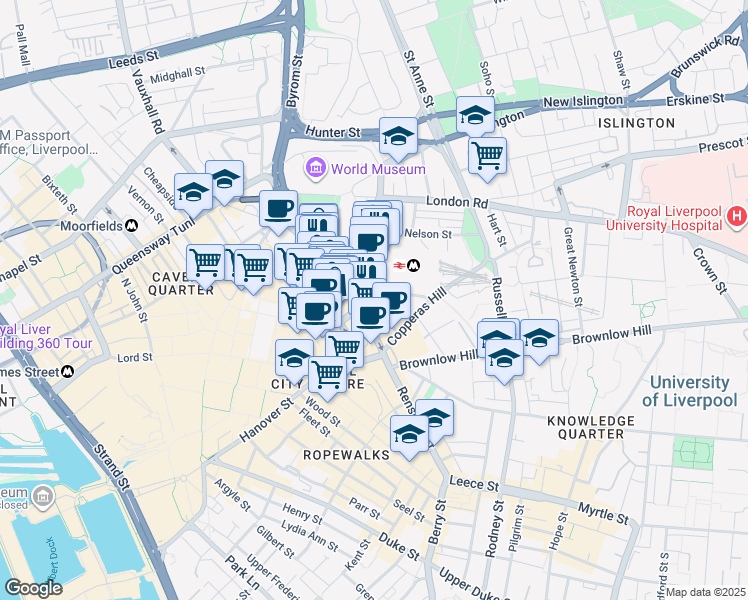 map of restaurants, bars, coffee shops, grocery stores, and more near 6 Bolton Street in Merseyside