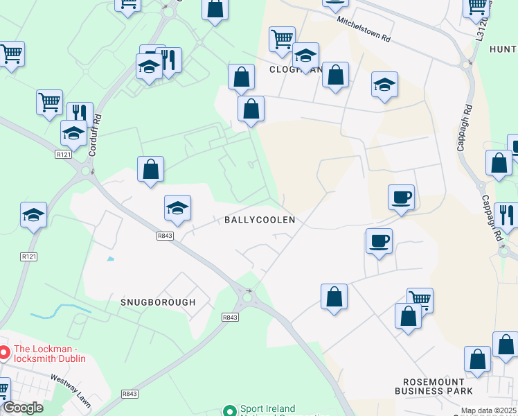 map of restaurants, bars, coffee shops, grocery stores, and more near Ballycoolin Road in Dublin