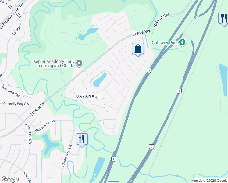 map of restaurants, bars, coffee shops, grocery stores, and more near 2065 Cavanagh Drive Southwest in Edmonton