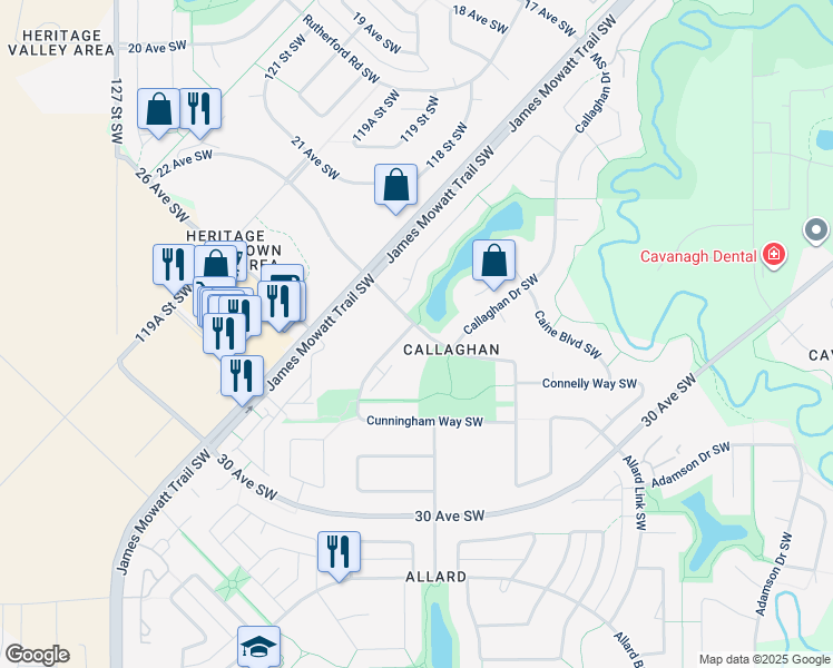 map of restaurants, bars, coffee shops, grocery stores, and more near 1419 Cunningham Drive Southwest in Edmonton