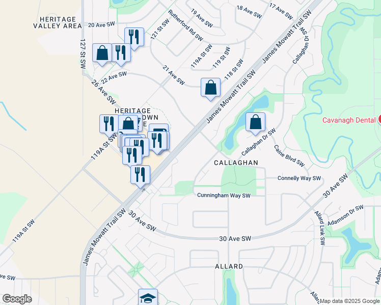 map of restaurants, bars, coffee shops, grocery stores, and more near 1757 Cunningham Way Southwest in Edmonton