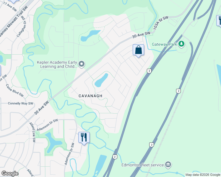 map of restaurants, bars, coffee shops, grocery stores, and more near 2065 Cavanagh Drive Southwest in Edmonton