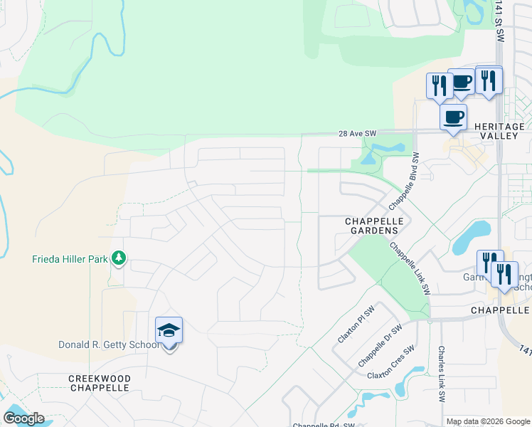 map of restaurants, bars, coffee shops, grocery stores, and more near 2578 Coughlan Road Southwest in Edmonton