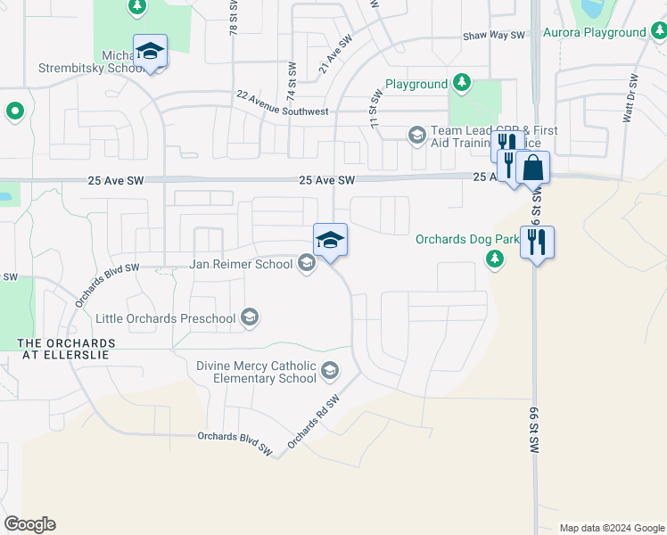 map of restaurants, bars, coffee shops, grocery stores, and more near 325 Orchards Boulevard in Edmonton