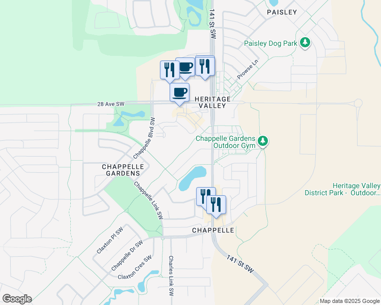 map of restaurants, bars, coffee shops, grocery stores, and more near 2956 141 Street Southwest in Edmonton