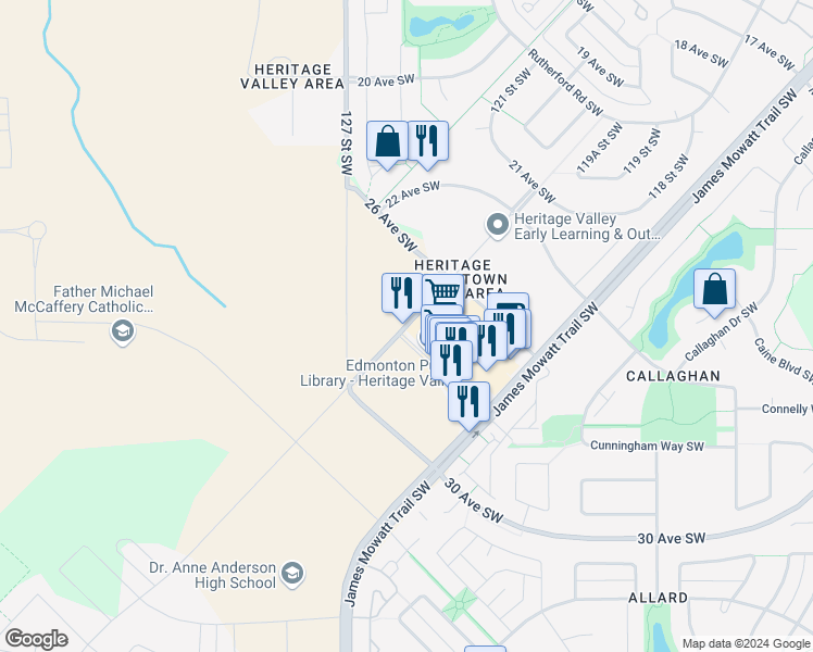 map of restaurants, bars, coffee shops, grocery stores, and more near 3311 119A Street Southwest in Edmonton