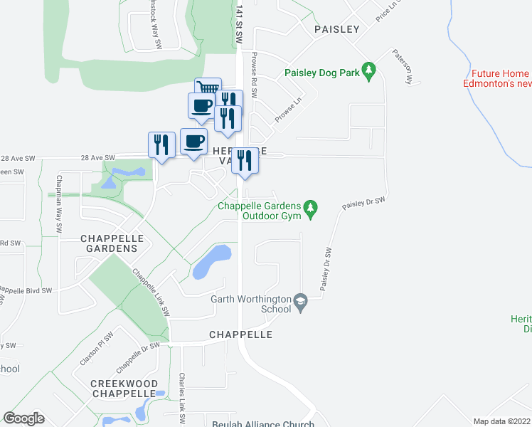 map of restaurants, bars, coffee shops, grocery stores, and more near 2905 141 Street Southwest in Edmonton