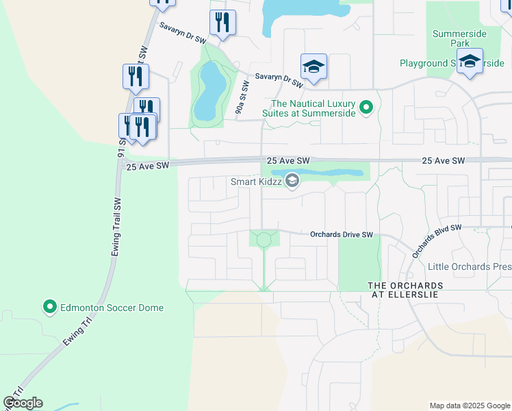 map of restaurants, bars, coffee shops, grocery stores, and more near 5036 Orchards Gate Southwest in Edmonton