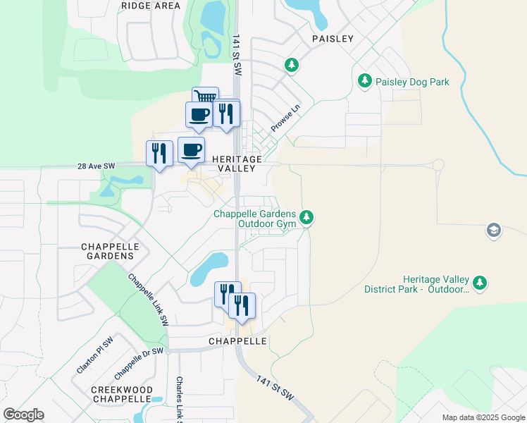 map of restaurants, bars, coffee shops, grocery stores, and more near 2905 141 Street Southwest in Edmonton