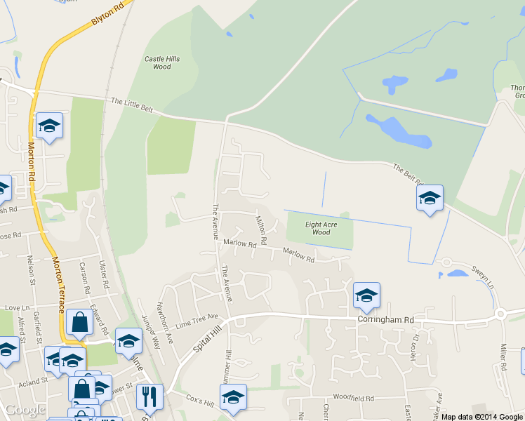 map of restaurants, bars, coffee shops, grocery stores, and more near Milton Road in Gainsborough