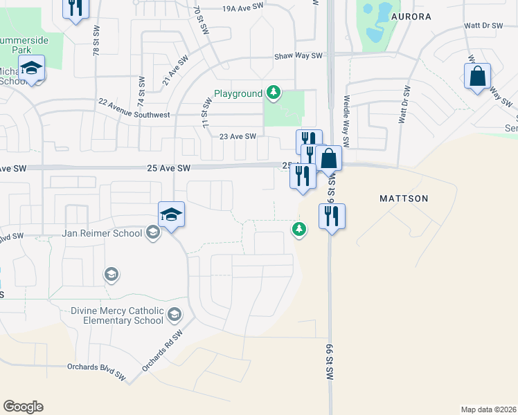 map of restaurants, bars, coffee shops, grocery stores, and more near 6951 25 Avenue Southwest in Edmonton