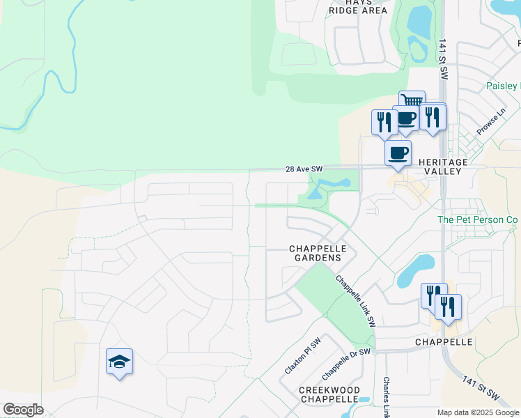 map of restaurants, bars, coffee shops, grocery stores, and more near 1648 Chapman Way Southwest in Edmonton