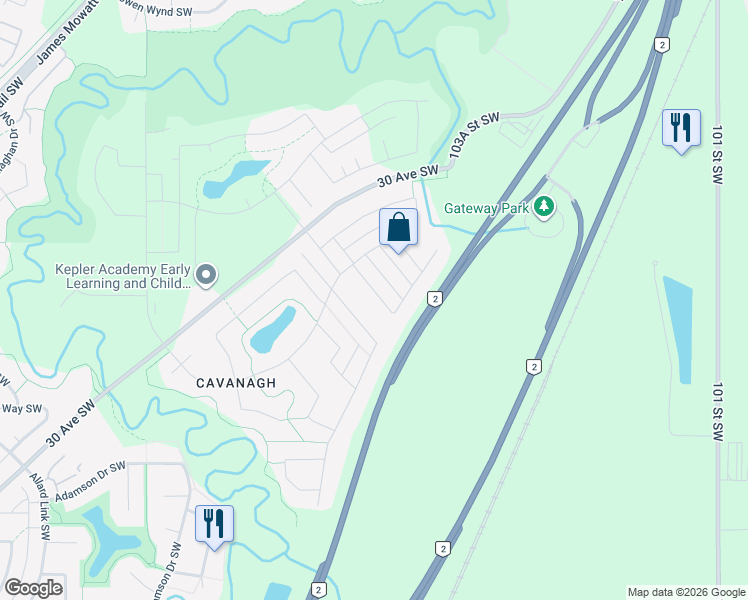 map of restaurants, bars, coffee shops, grocery stores, and more near 2534 Casey Way Southwest in Edmonton