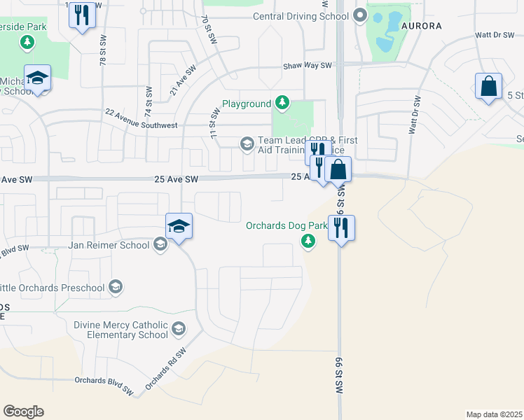 map of restaurants, bars, coffee shops, grocery stores, and more near 6951 25 Avenue Southwest in Edmonton